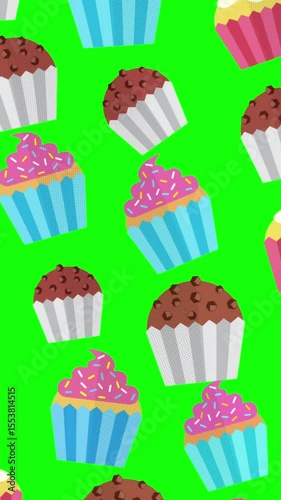 Cupcake Pattern Animation with Chroma Key Green Screen. Loop-ready Stop Motion. Perfect for vertical overlays and motion backgrounds.
