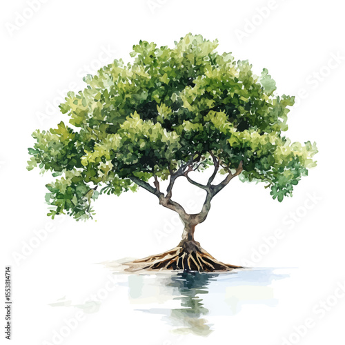 A Buttonwood Mangrove Tree, watercolor illustration vector, isolated on a white background.