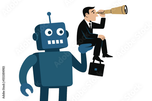A gigantic robot grasps a businessman who is utilizing a telescope, assisting him in seeing further into the distance, presented as an EPS 8 vector illustration