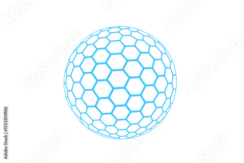 Vector illustration representing an abstract concept of protection and security through a sphere featuring a hexagon pattern set against a blue background, symbolizing cyberspace technology and