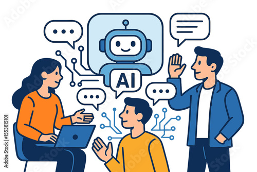 Modern vector illustration representing a  chat service business concept, featuring individuals utilizing AI technology to converse with a chatbot