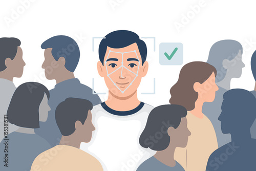 Concept of facial recognition, with verification of a human face in a crowded horizontal banner, utilizing an electronic identification system for control and security, presented as a vector