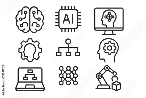 A set of line icons representing machine learning is available, featuring a collection of symbols related to machine learning, , and ai development in EPS10 format as a  vector