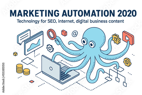 The 2020 marketing automation isometric banner features technology for SEO, internet, and digital business content