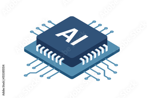 Isometric vector design illustration of a computer CPU chip, representing a semiconductor microchip or processor, with an abstract data component or gpu hardware circuit, suitable as a  or ai
