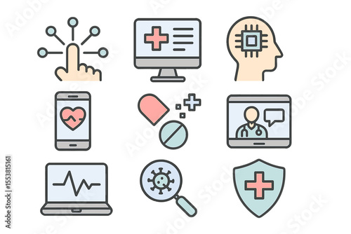 Digital health icons collection, including tech, virtual, computing, online, and medicine line icons, with editable strokes, part