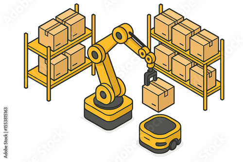 In a warehouse, an autonomous robot, specifically an isometric yellow robotic arm, is tasked with carrying a cardboard box, exemplifying automated warehouse operations and autonomous robot