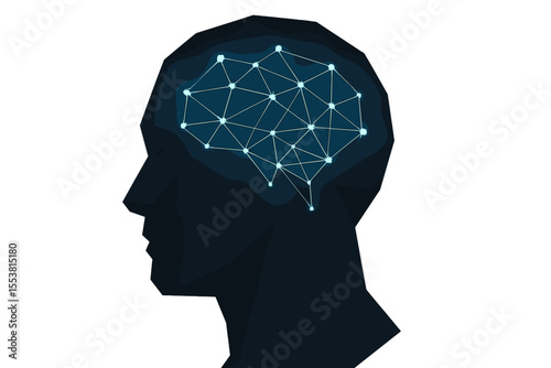 Concept of  and Neural Network represented by a 3d low poly human head silhouette