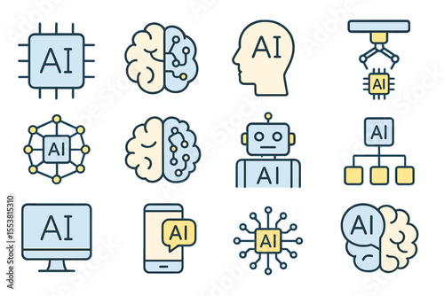line icons featuring editable stroke and thin designs, including a range of symbols for machine learning, brain, ai, head, machine, technology, AI chat, and others