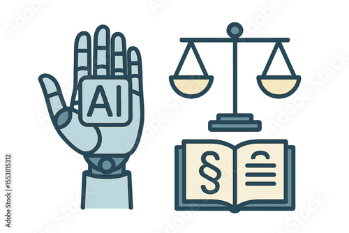 Illustration of AI law policy regulation concept featuring a robot hand and scale of law in  moral ethic vector design