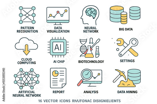 A set of 16 thin vector icons is provided, focusing on  and data science, presented in a mono line style with pictograms and infographics design elements, which is the second part