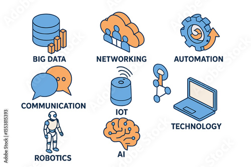 Conceptual illustration of digital transformation areas, including big data, networking, automation, communication, IoT, robotics, AI, and technology, in a 3D vector format
