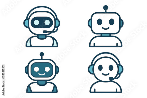 Digital assistance is represented by robotic avatars, including computer-based support bots and virtual help machines, depicted in vector illustrations and icons, providing cyber support and services