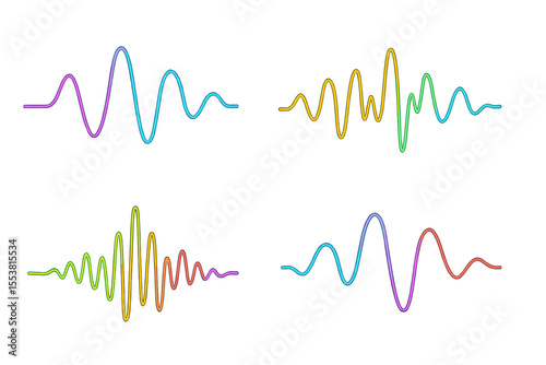 Vibrant neon sound waves compilation, featuring sound curves and radio frequency spectrum lines for an equalizer, ideal for music posters and banners, presented as a vector illustration