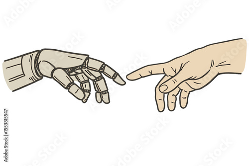 A sketch design illustration depicting a robot's hands and human hands touching with fingers, symbolizing Virtual Reality or  Technology Concept, created in a hand-drawn style