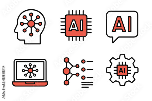 An intelligent machine featuring a neural electronic system represents an innovative approach to supporting  digital data, as depicted in a trendy set of red and black thin line icons