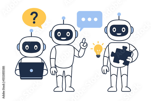 A chatbot or AI assistant is utilized in various tasks, with a robot providing assistance in finding solutions, answers, and ideas, as depicted in vector flat illustrations isolated on a white