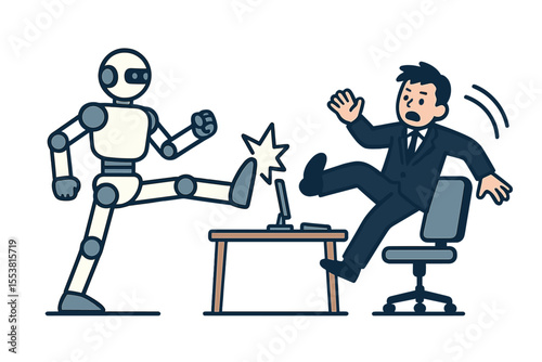 A robot employee takes over a computer job at the office by kicking a human worker away