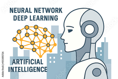 The concept of a neural network is represented by a robot face set against an abstract background of a building, symbolizing deep learning and the  market