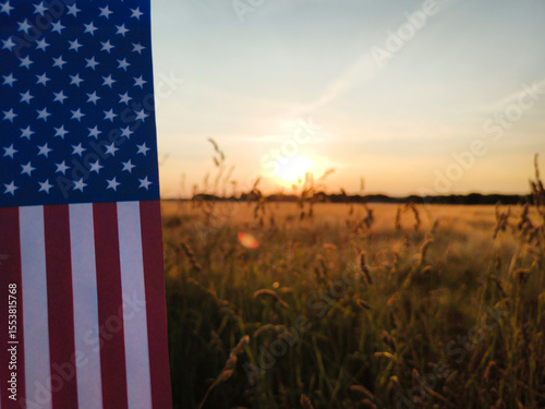 United States flag on the side of a golden field during sunset. Patriotic rural landscape symbolizing American values, freedom, sacrifice, and national holidays like Memorial Day and Independence Day.