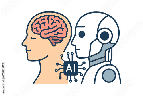Human brain mind head with  robot head concept illustration’ is reworded as ‘Illustration of a human brain with a robot head concept and  mind and head