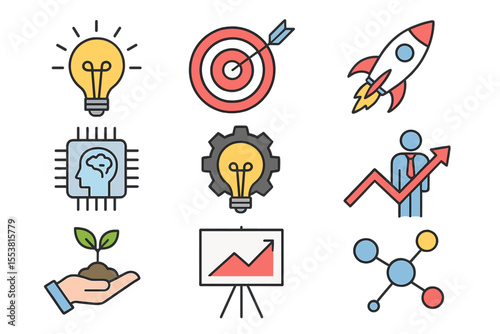 A set of innovation icons has been compiled, featuring technology, success, startup, , and other related concepts in vector illustration form