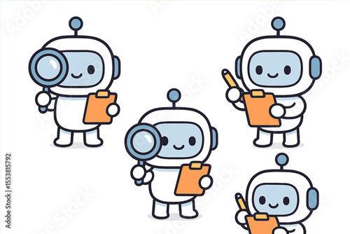 A set of adorable robot AI characters analyzes and records actions