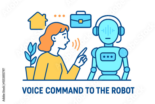 The concept features a banner with a woman commanding a robot using her voice, representing a robotic voice assistant, depicted in a trendy bright linear style, usable at home and work, or anywhere