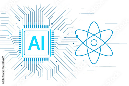 A 3D wireframe vector illustration featuring an AI chip and abstract digital atom icon set against a technology background with circuit light lines and a CPU processor, symbolizing a  innovation