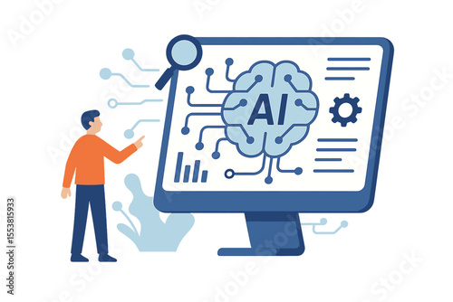 The concept of a tiny person surrounded by  or  data algorithm represents technology analysis for effective automation and smart logic system learning with machine optimization vector