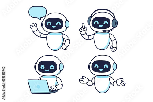 Vector set featuring a cute chat bot and robot assistant in various poses, designed for mobile messengers and service centers with customer support