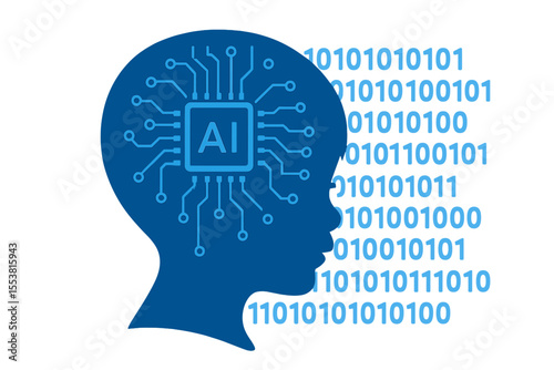 The concept of big data and the  market is represented by a child's face made up of circuit boards and binary code on a blue background, incorporating machine learning and cyber mind education