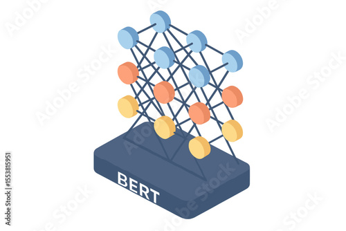 BERT is depicted in a modern neural network vector isometric illustration
