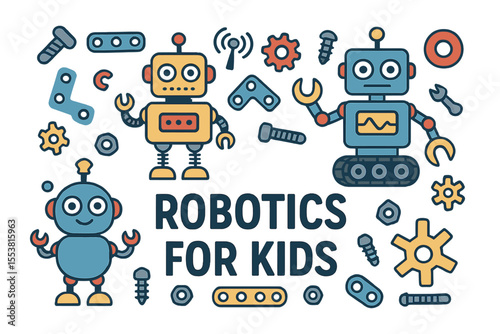 Vector illustration of robots and details for construction, for a banner or card about robotics for kids