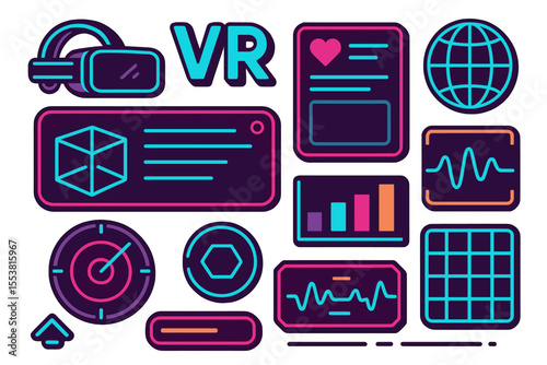 A set of virtual reality elements is provided, featuring a collection of interface objects with a cyberpunk aesthetic, designed to enhance your application, software, or framework with a futuristic