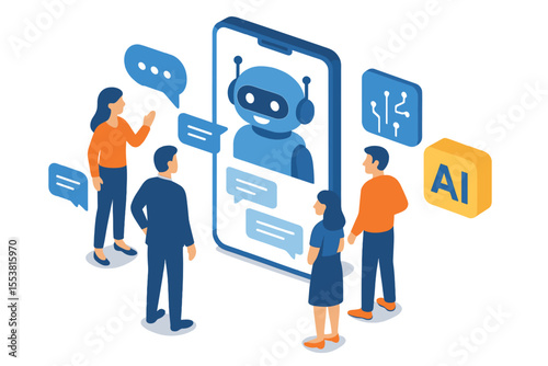 Vector illustration of isometric , featuring a chatbot and future marketing concepts that incorporate AI, business, and IOT, with men and women interacting with a chatbot application to access