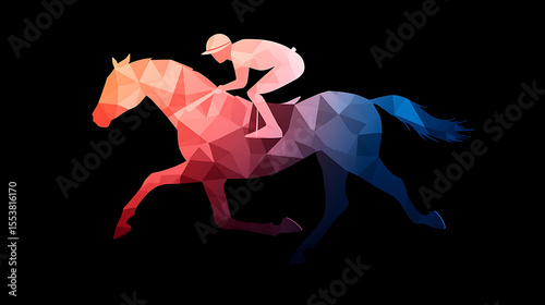 Geometric horse racing, vibrant colors, digital art, equestrian sport, faceted design, modern aesthetic, dynamic composition, racing.