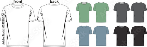 Vector art of various color tshirt templates are shown in front and back views isolated on white background