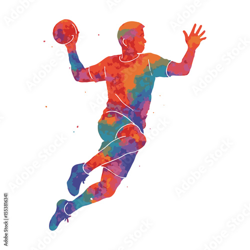 Watercolor Handball Player in Action Striking Colorful Silhouette Jumping with a Ball Vibrant Display of Athleticism and Sport