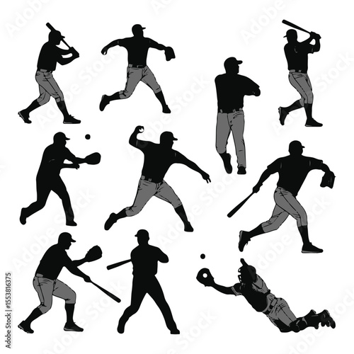 Silhouetted Baseball Players Demonstrate Various Athletic Poses Catching Throwing Batting and Fielding Emphasizing the Dynamic Nature of Baseball
