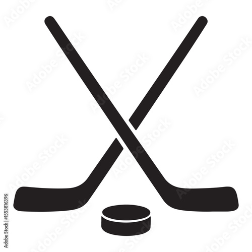 Simple Hockey Still Life Two Sticks Crossed Above Puck Depicted with Bold Black and White Graphics for Sport Themes