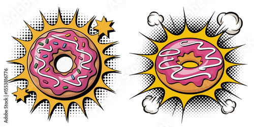 Pink frosted donuts in comic pop art style with colorful sprinkles