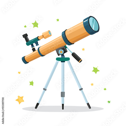 Cartoon telescope observing the stars in a colorful, whimsical design ideal for science education astronomy learning, adventure concept