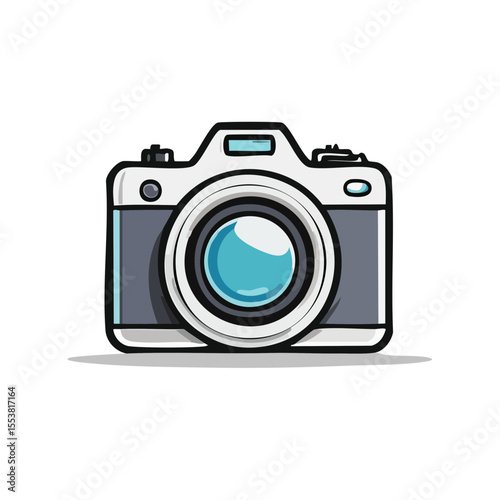 Cartoon Style Camera Illustration with Lens Reflection on a Black Background