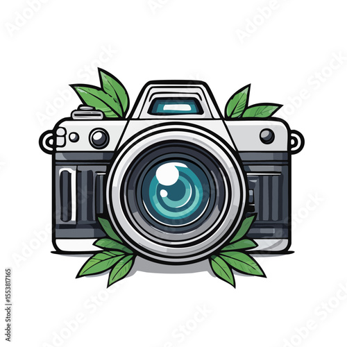 Illustration of a vintage style film camera with green leaves on a black backdrop, emphasizing photography and nature connection.