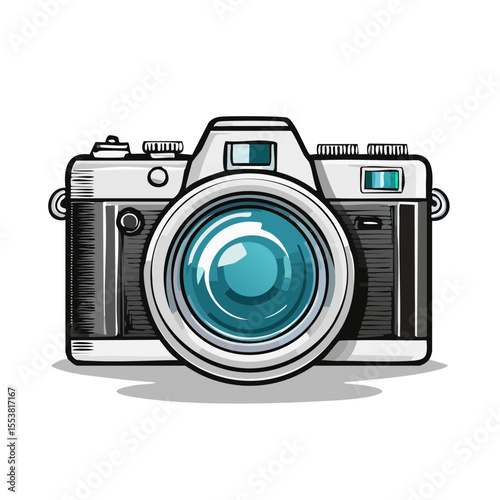 Illustration of a Retro Camera with a Large Lens, Vintage Look, Photography Equipment, and Studio Lighting on a Black Background