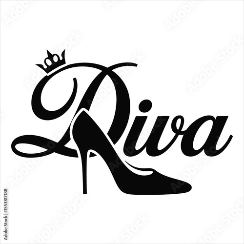 Stylish diva text with a high heel shoe and crown silhouette