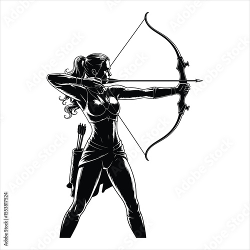 Powerful female archer aiming her bow and arrow in a dynamic silhouette