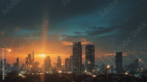 Wallpaper Mural Smart city with connection network reciprocity over the cityscape social media networking systems that connects on the peak of success amid tall, innovative Smart city and graphs with statistics Torontodigital.ca