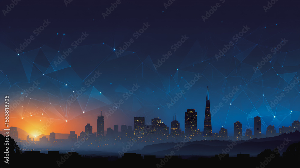 Fototapeta premium Smart city with connection network reciprocity over the cityscape social media networking systems that connects on the peak of success amid tall, innovative Smart city and graphs with statistics